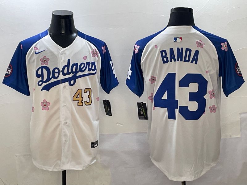Men Los Angeles Dodgers #43 Banda White Blue Sakura Edition 2025 Nike MLB Jersey style 3